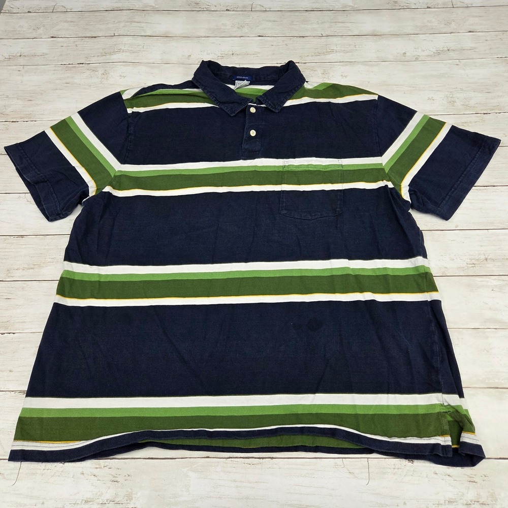 Old Navy Striped Polo Shirt Regular Fit Mens XXL Navy Blue Green Short Sleeve